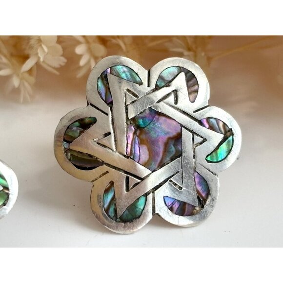 Star of David Abalone Floral Alpaca Mexican Sterling Silver Vintage Screw Studs - Picture 9 of 10
